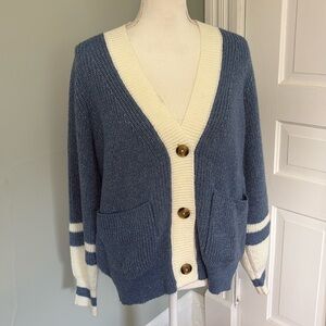 Lety & Me Blue White Button Front Chunky Knit Cardigan Sweater Collegiate medium